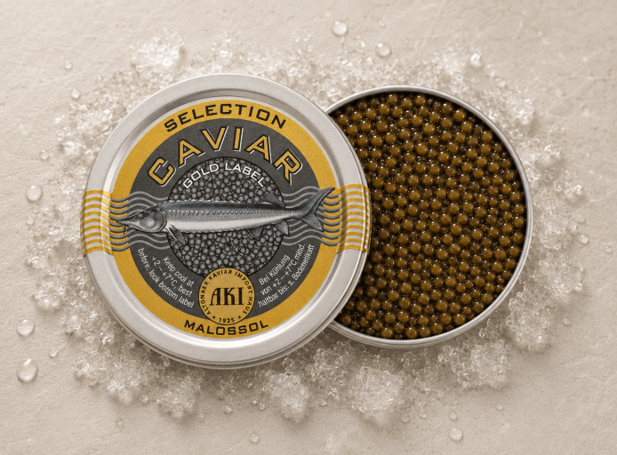 AKI Selection Gold Label Kaviar mit goldener Farbgebung - AKI Selection Gold Label Kaviar kaufen - Gold Label Kaviar von AKI - Goldener Störkaviar von AKI - AKI Gold Label Kaviar Dose
